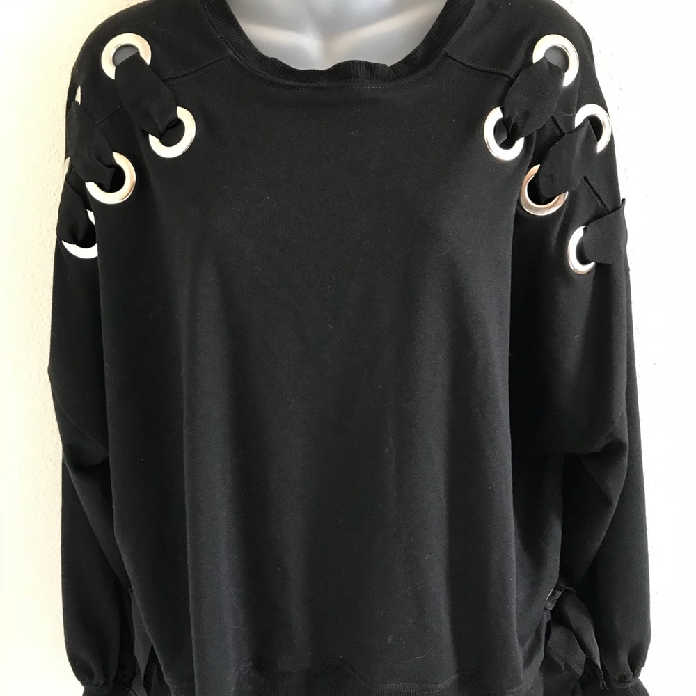 Kim & Cami Oversized Black Ribbon Sweatshirt Sz S